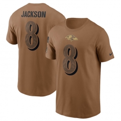 Men Baltimore Ravens 8 Lamar Jackson 2023 Brown Salute To Service Name  26 Number T Shirt