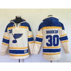Blues #30 Martin Brodeur Cream Sawyer Hooded Sweatshirt Stitched NHL Jersey