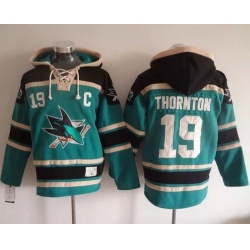 Men San Jose Sharks 19 Joe Thornton Teal Sawyer Hooded Sweatshirt Stitched NHL Jersey