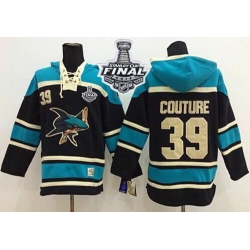 Men San Jose Sharks 39 Logan Couture Black Sawyer Hooded Sweatshirt 2016 Stanley Cup Final Patch Stitched NHL Jersey