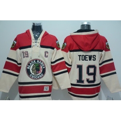 Men Chicago Blackhawks 19 Jonathan Toews Cream Sawyer Hooded Sweatshirt Stitched NHL Jersey