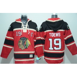 Men Chicago Blackhawks 19 Jonathan Toews Red Sawyer Hooded Sweatshirt Stitched NHL Jersey