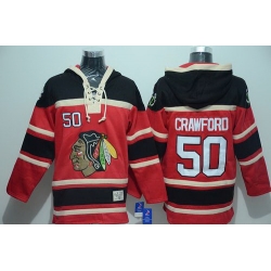 Men Chicago Blackhawks 50 Corey Crawford Red Sawyer Hooded Sweatshirt Stitched NHL Jersey
