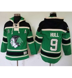 Men Chicago Blackhawks 9 Bobby Hull Green St  Patrick Day McNary Lace Hoodie Stitched NHL Jersey