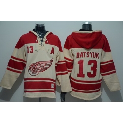 Men Detroit Red Wings 13 Pavel Datsyuk Cream Sawyer Hooded Sweatshirt Stitched NHL Jersey