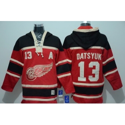 Men Detroit Red Wings 13 Pavel Datsyuk Red Sawyer Hooded Sweatshirt Stitched NHL Jersey