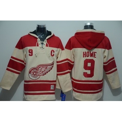 Men Detroit Red Wings 9 Gordie Howe Cream Sawyer Hooded Sweatshirt Stitched NHL Jersey