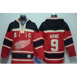 Men Detroit Red Wings 9 Gordie Howe Red Sawyer Hooded Sweatshirt Stitched NHL Jersey