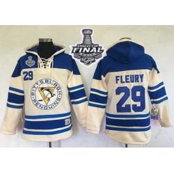 Men Pittsburgh Penguins 29 Andre Fleury Cream Sawyer Hooded Sweatshirt 2017 Stanley Cup Final Patch Stitched NHL Jersey