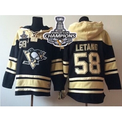 Men Pittsburgh Penguins 58 Kris Letang Black Sawyer Hooded Sweatshirt 2016 Stanley Cup Champions Stitched NHL Jersey