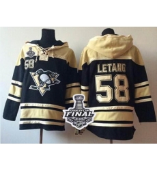 Men Pittsburgh Penguins 58 Kris Letang Black Sawyer Hooded Sweatshirt 2017 Stanley Cup Final Patch Stitched NHL Jersey