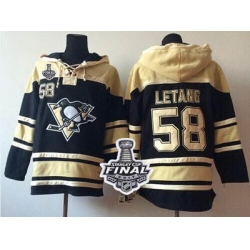 Men Pittsburgh Penguins 58 Kris Letang Black Sawyer Hooded Sweatshirt 2017 Stanley Cup Final Patch Stitched NHL Jersey
