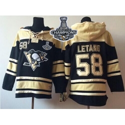 Men Pittsburgh Penguins 58 Kris Letang Black Sawyer Hooded Sweatshirt 2017 Stanley Cup Finals Champions Stitched NHL Jersey