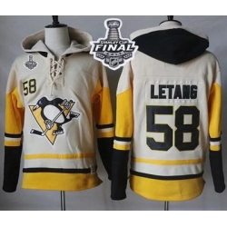 Men Pittsburgh Penguins 58 Kris Letang Cream Gold Sawyer Hooded Sweatshirt 2017 Stanley Cup Final Patch Stitched NHL Jersey