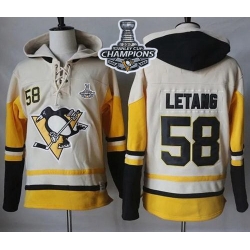 Men Pittsburgh Penguins 58 Kris Letang Cream Gold Sawyer Hooded Sweatshirt 2017 Stanley Cup Finals Champions Stitched NHL Jersey