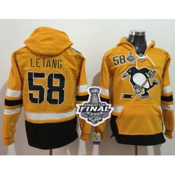 Men Pittsburgh Penguins 58 Kris Letang Gold Sawyer Hooded Sweatshirt 2017 Stadium Series Stanley Cup Final Patch Stitched NHL Jersey