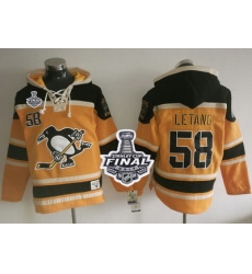 Men Pittsburgh Penguins 58 Kris Letang Gold Sawyer Hooded Sweatshirt 2017 Stanley Cup Final Patch Stitched NHL Jersey