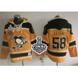 Men Pittsburgh Penguins 58 Kris Letang Gold Sawyer Hooded Sweatshirt 2017 Stanley Cup Finals Champions Stitched NHL Jersey