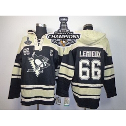 Men Pittsburgh Penguins 66 Mario Lemieux Black Sawyer Hooded Sweatshirt 2016 Stanley Cup Champions Stitched NHL Jersey