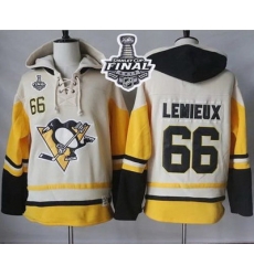 Men Pittsburgh Penguins 66 Mario Lemieux Cream Gold Sawyer Hooded Sweatshirt 2017 Stanley Cup Final Patch Stitched NHL Jersey