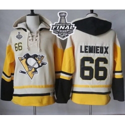 Men Pittsburgh Penguins 66 Mario Lemieux Cream Gold Sawyer Hooded Sweatshirt 2017 Stanley Cup Final Patch Stitched NHL Jersey
