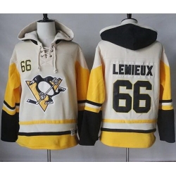 Men Pittsburgh Penguins 66 Mario Lemieux Cream Gold Sawyer Hooded Sweatshirt Stitched NHL Jersey