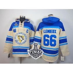 Men Pittsburgh Penguins 66 Mario Lemieux Cream Sawyer Hooded Sweatshirt 2017 Stanley Cup Final Patch Stitched NHL Jersey