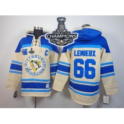 Men Pittsburgh Penguins 66 Mario Lemieux Cream Sawyer Hooded Sweatshirt 2017 Stanley Cup Finals Champions Stitched NHL Jersey