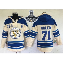 Men Pittsburgh Penguins 71 Evgeni Malkin Cream Sawyer Hooded Sweatshirt 2017 Stanley Cup Finals Champions Stitched NHL Jersey