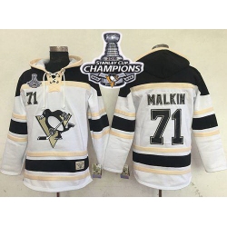 Men Pittsburgh Penguins 71 Evgeni Malkin White Sawyer Hooded Sweatshirt 2016 Stanley Cup Final Patch Stitched NHL Jersey