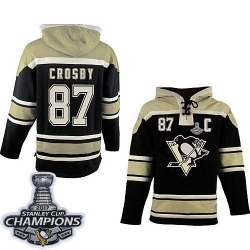 Men Pittsburgh Penguins 87 Sidney Crosby Black Sawyer Hooded Sweatshirt 2017 Stanley Cup Finals Champions Stitched NHL Jersey