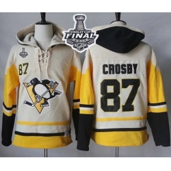 Men Pittsburgh Penguins 87 Sidney Crosby Cream Gold Sawyer Hooded Sweatshirt 2017 Stanley Cup Final Patch Stitched NHL Jersey