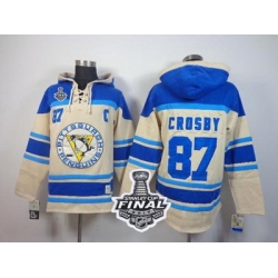 Men Pittsburgh Penguins 87 Sidney Crosby Cream Sawyer Hooded Sweatshirt 2017 Stanley Cup Final Patch Stitched NHL Jersey