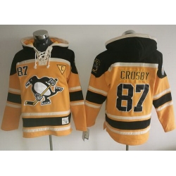 Men Pittsburgh Penguins 87 Sidney Crosby Gold Sawyer Hooded Sweatshirt Stitched NHL Jersey