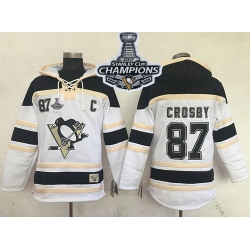 Men Pittsburgh Penguins 87 Sidney Crosby White Sawyer Hooded Sweatshirt 2017 Stanley Cup Finals Champions Stitched NHL Jersey