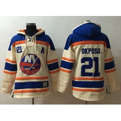 Men New York Islanders 21 Kyle Okposo Cream Sawyer Hooded Sweatshirt Stitched NHL Jersey