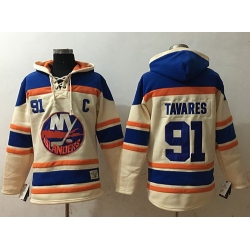 Men New York Islanders 91 John Tavares Cream Sawyer Hooded Sweatshirt Stitched NHL Jersey