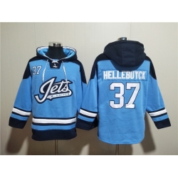Men Winnipeg Jets 37 Connor Hellebuyck Blue Lace Up Pullover Hoodie