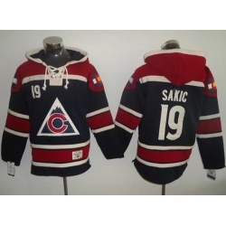 Men Colorado Avalanche 19 Joe Sakic Navy Blue Sawyer Hooded Sweatshirt Stitched NHL Jersey
