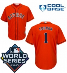 Mens Majestic Houston Astros 1 Carlos Correa Replica Orange Alternate Cool Base Sitched 2019 World Series Patch Jersey