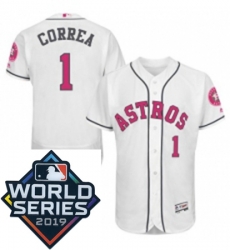 Mens Majestic Houston Astros 1 Carlos Correa Replica White 2016 Mothers Day Cool Base Sitched 2019 World Series Patch Jersey