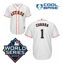 Mens Majestic Houston Astros 1 Carlos Correa Replica White Home Cool Base Sitched 2019 World Series Patch Jersey