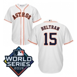 Mens Majestic Houston Astros 15 Carlos Beltran Replica White Home Cool Base Sitched 2019 World Series Patch Jersey
