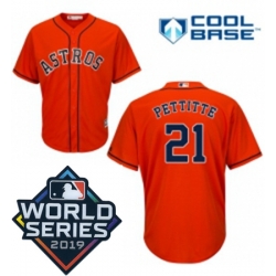 Mens Majestic Houston Astros 21 Andy Pettitte Replica Orange Alternate Cool Base Sitched 2019 World Series Patch Jersey