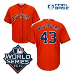 Mens Majestic Houston Astros 43 Lance McCullers Replica Orange Alternate Cool Base Sitched 2019 World Series Patch Jersey