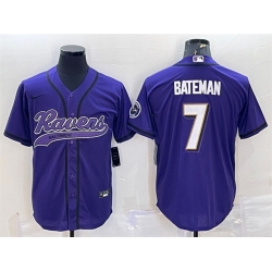 Men Baltimore Ravens 7 Rashod Bateman Purple With Patch Cool Base Stitched Baseball Jersey