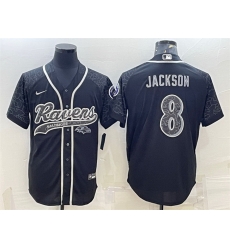 Men Baltimore Ravens 8 Lamar Jackson Black Reflective With Patch Cool Base Stitched Baseball Jersey