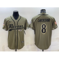 Men Baltimore Ravens 8 Lamar Jackson Olive 2022 Salute To Service Cool Base Stitched Baseball Jersey