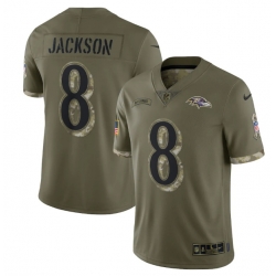 Men Baltimore Ravens 8 Lamar Jackson Olive 2022 Salute To Service Limited Stitched Jersey