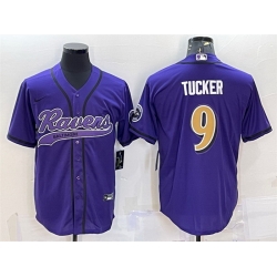 Men Baltimore Ravens 9 Justin Tucker Purple Gold With Patch Cool Base Stitched Baseball Jersey